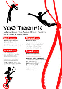 Affiche du planning hebdomadaire YaO'Tissirk : cours de cirque, tissu aérien, danse et bien-être à Mérindol, du lundi au samedi.