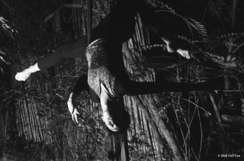 Amaya Lachaize-Müller suspendue la tête en bas dans un tissu aérien, en extérieur devant des bambous. Photographie en noir et blanc.